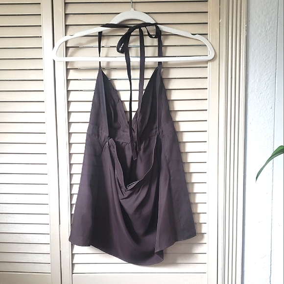 🌱 Theory Vintage Sweetheart Peasant Halter Top 100% Silk Brown Sz Small - Picture 3 of 8